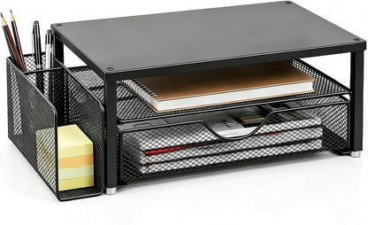 Spacrea Desk Organizer and Accessories, Computer Monitor Stand Riser with Drawer and 2 Pen Holders, Office Desk Accessories & Workspace Organizers for Office Supplies (Wood)