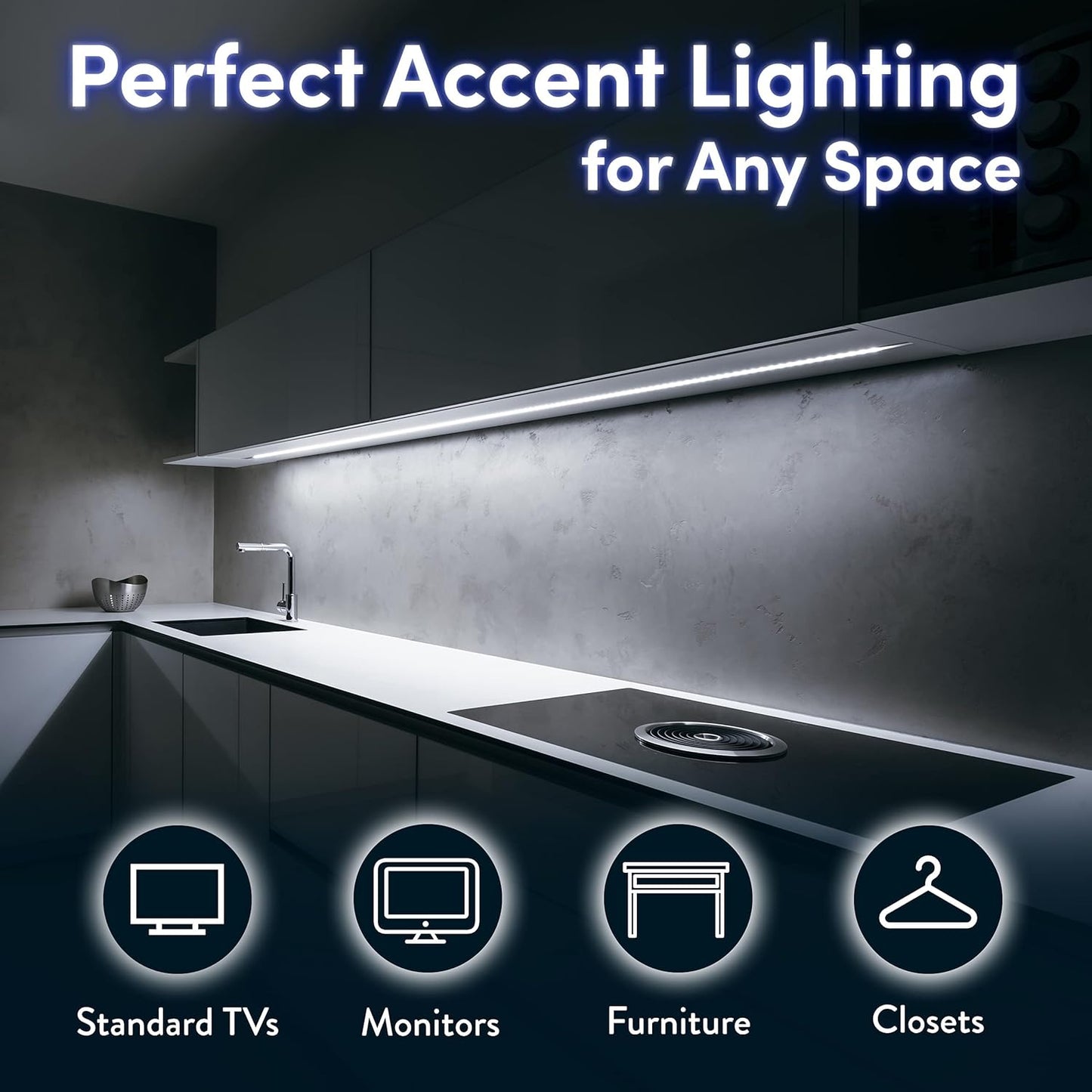 Luminoodle Color Bias Lighting, USB TV and Monitor Backlight LED Strip Lights Kit with Dimmer, Remote - 6.6 ft for 24" to 60" TV - Medium