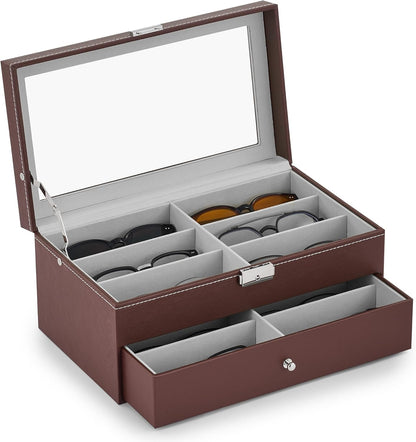 CO-Z Sunglasses Organizer with 12 Slots, Multiple Eyeglasses Eyewear Display Case for Women Men, 2 Story Leather Multi Sunglasses Jewelry Collection Holder with Drawer