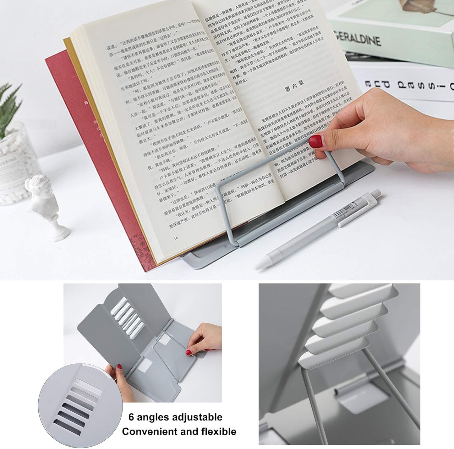 MSDADA Desk Book Stand Metal Reading Rest Book Holder Adjustable Cookbook Documents Holder Bookstands for Recipes Textbook Music Books, the First Day of School Gift for Students, Teachers (Light Blue)