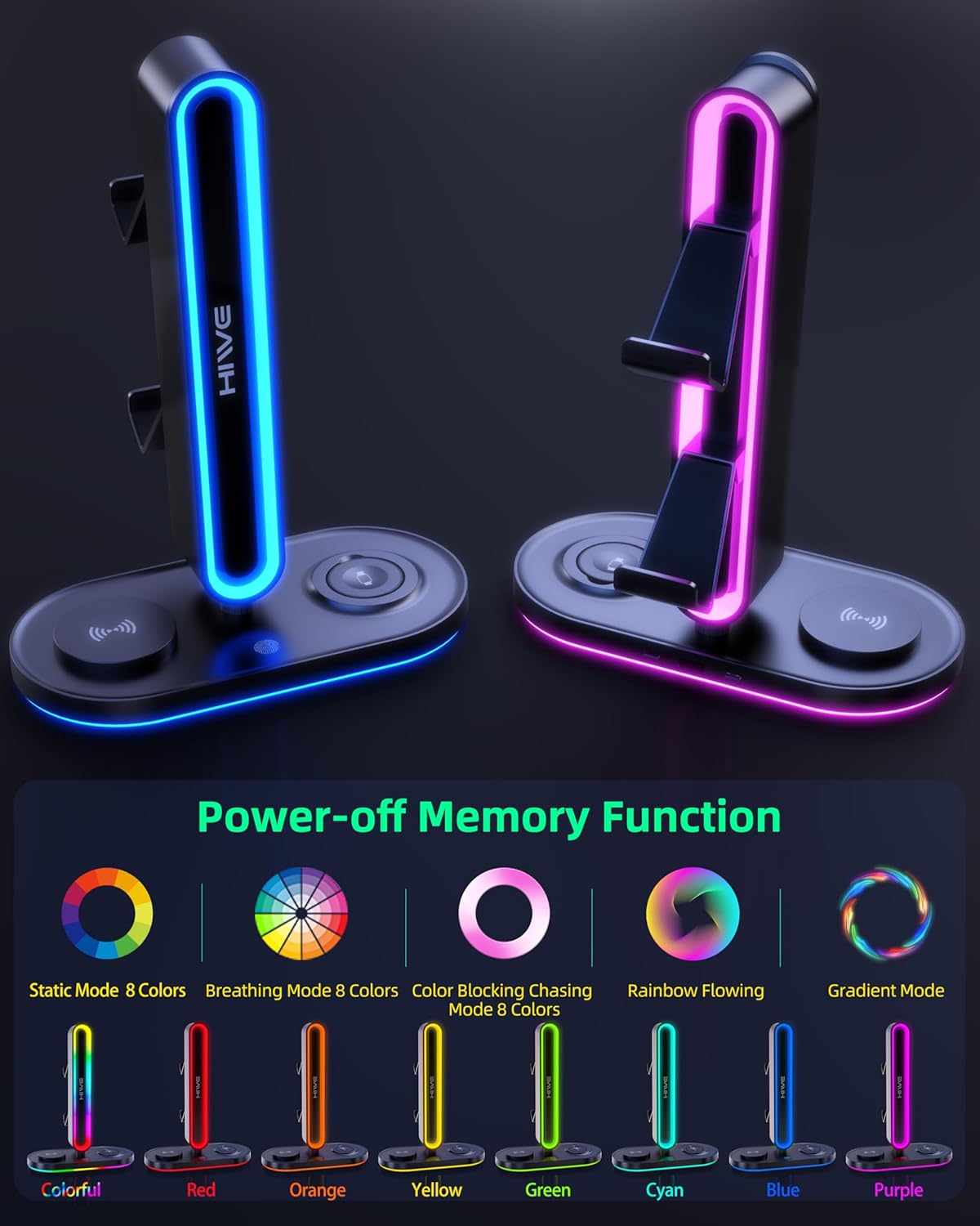 HiWe 4-in-1 RGB Gaming Headphone Stand with Dual Controller Holder, Wireless Charger for iPhone/Apple Watch, USB-A & USB-C Outputs, Adapter Included, Black