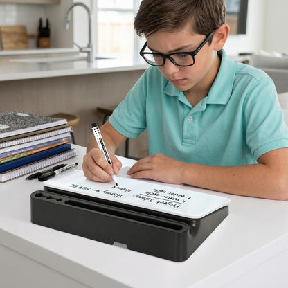 DOLLAR BOSS Glass Desk Whiteboard Calendar Small Dry Erase Board Desktop White Board with Storage Drawer Computer Keyboard Stand Desk Organizer, Colorful Weekly Calendar, Black