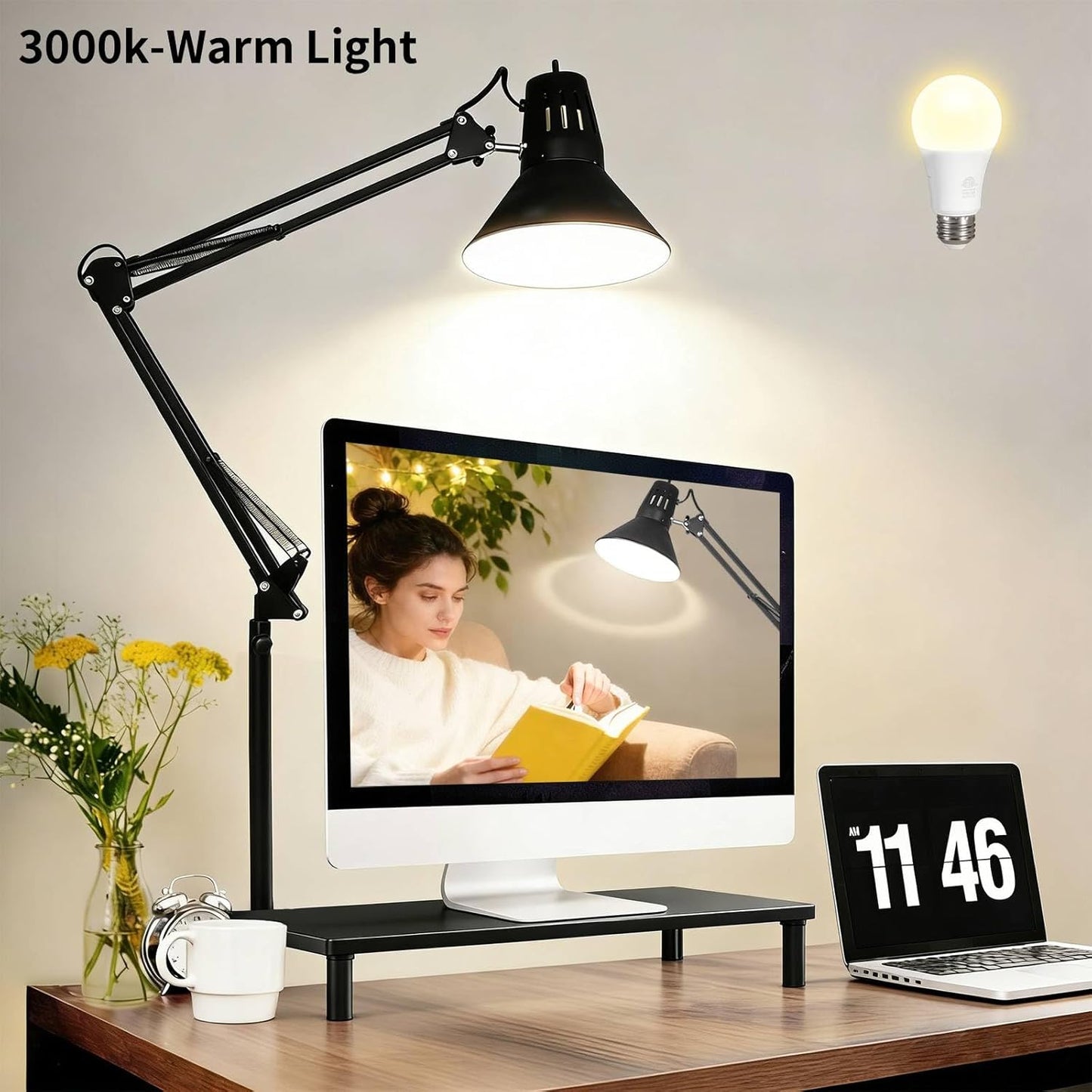 Desk Lamp With Clamp for Home Office, Eye-Caring Clip on Light with Adjustable Extra Tall Metal Swing Arm, High Intensity Clamp Lamp w/LED Bulb, Architect Task Table Lamps for Study, Workbench-B/5000k