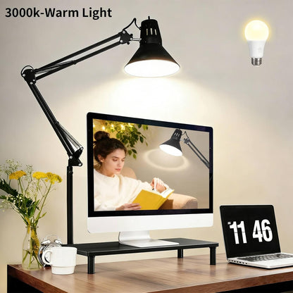 Desk Lamp With Clamp for Home Office, Eye-Caring Clip on Light with Adjustable Extra Tall Metal Swing Arm, High Intensity Clamp Lamp w/LED Bulb, Architect Task Table Lamps for Study, Workbench-B/5000k