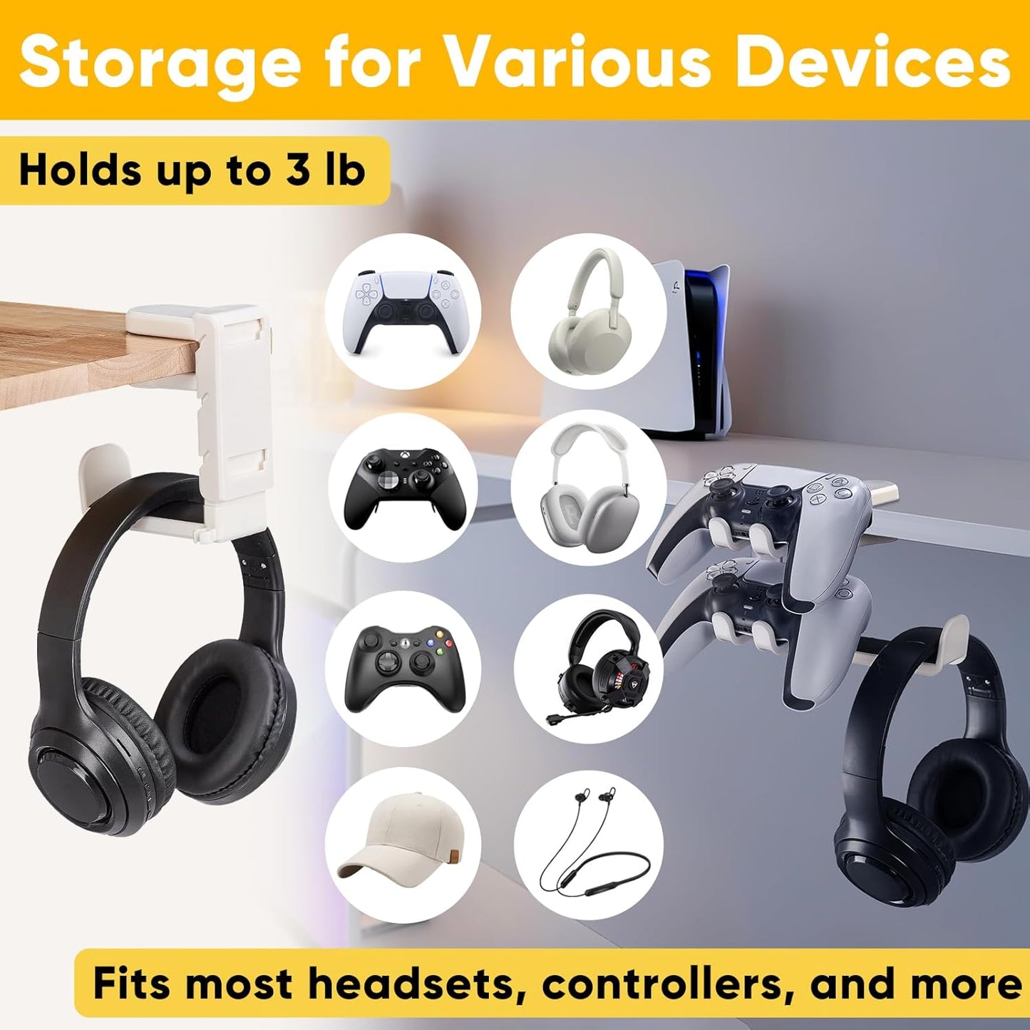 Under Desk Headphone Hanger with Strong Adhesive and Screws Mount, 360° Rotatable Dual Headset Holder Stand, Aluminum Metal Adjustable Headphone Hook, Perfect for Home Gaming & Office - Black