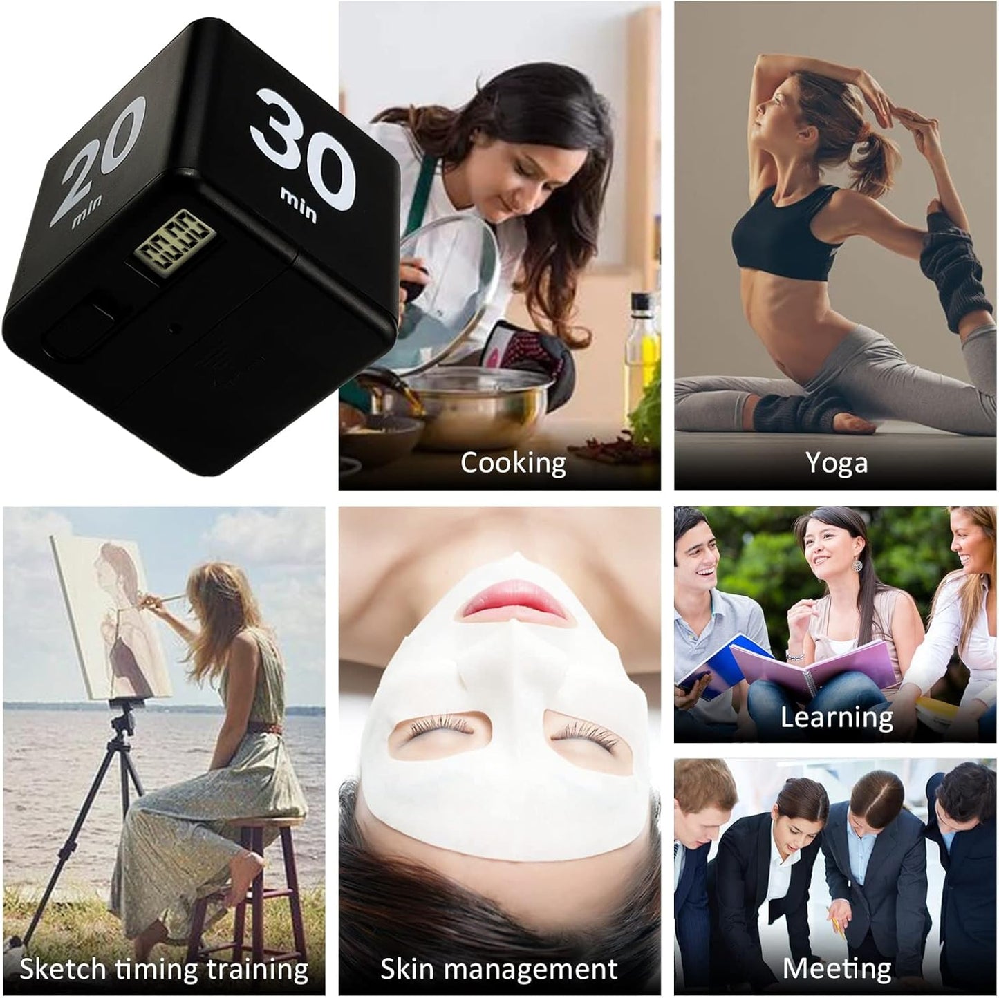 Feilifan Cube Timer, Productivity Cube Flip Timer for Kitchen Studying Workout Classroom Kids ADHD 15-20-30-60 Minute Preset, White