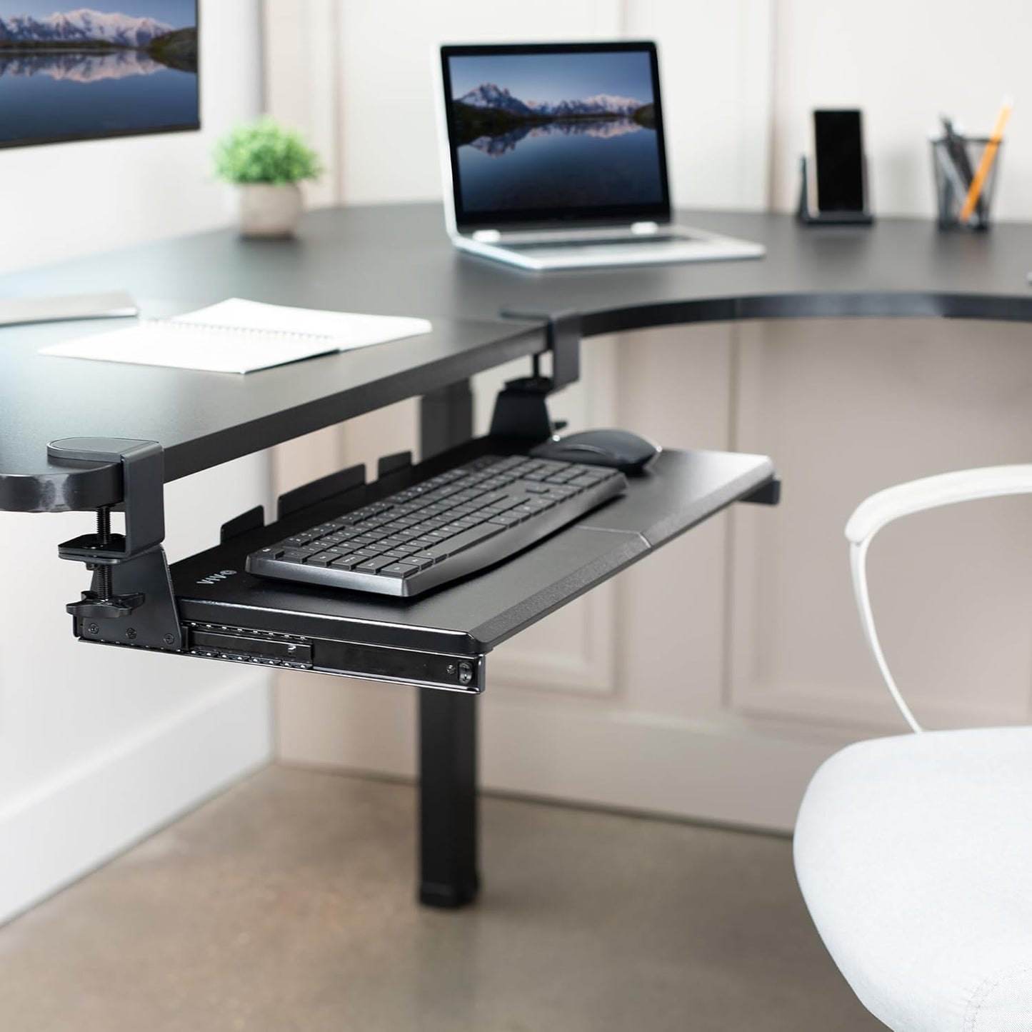 VIVO Large Pull Out Keyboard Tray for Corner Desk, 27 (33 Including Clamps) x 11 inch Slide-Out Platform Computer Drawer, 90-Degree Swivel C-Clamps for L-Shaped Workstation, Black, MOUNT-KB10C