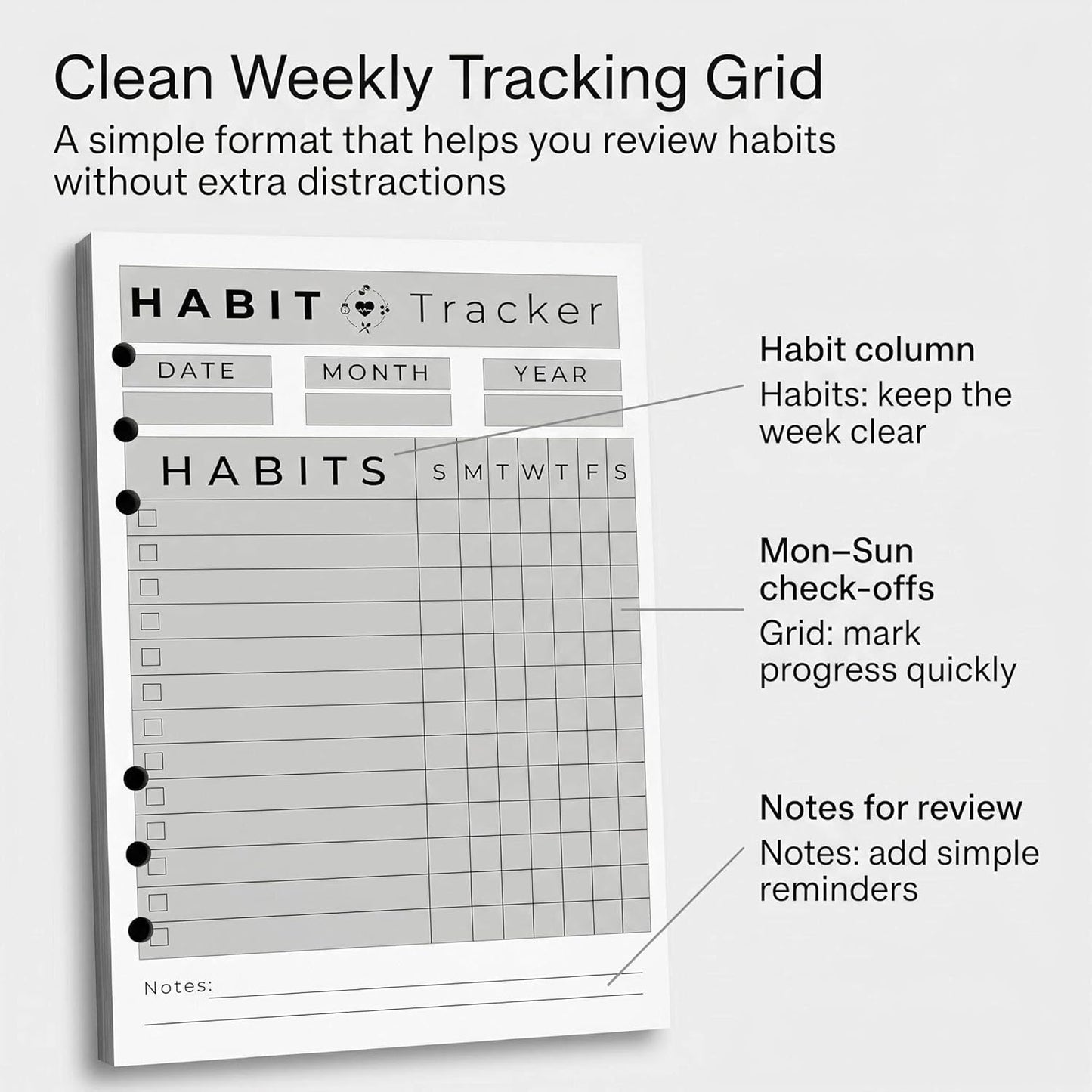 A5 Weekly Habit Tracker Inserts - Motivation & Rewards Pages for Weekly Goals and Consistency, Double-Sided 6-Hole Refill for A5 Binders, 50 Sheets, 100 Pages