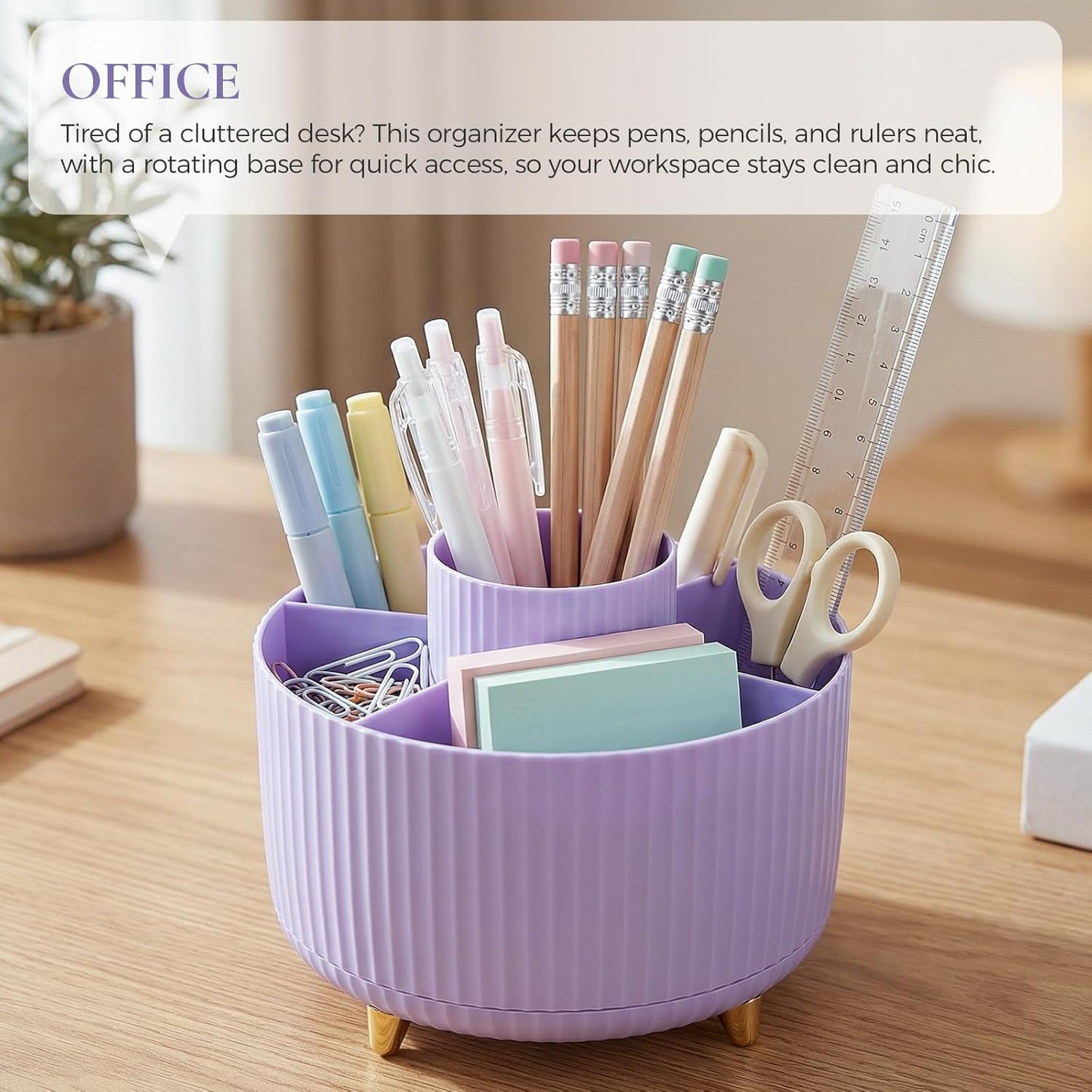 KONVINIT Pencil Pen Holder for Desk, 5 Slots 360 - Degree Rotating Desktop Organizer, Cute Desk Organizers and Accessories for School, Home, Office and Art Supply, Black