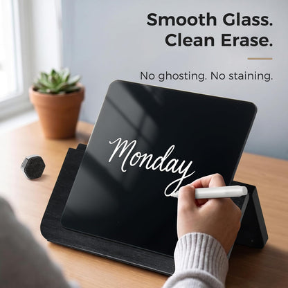 Magnetic Glass Desktop Whiteboard with Solid Wood Stand, Adjustable Foldable Mini Dry Erase Board, 2-in-1 Tabletop & Hanging Glassboard with Rustic Rope, Reusable Home Office School, Black and Square