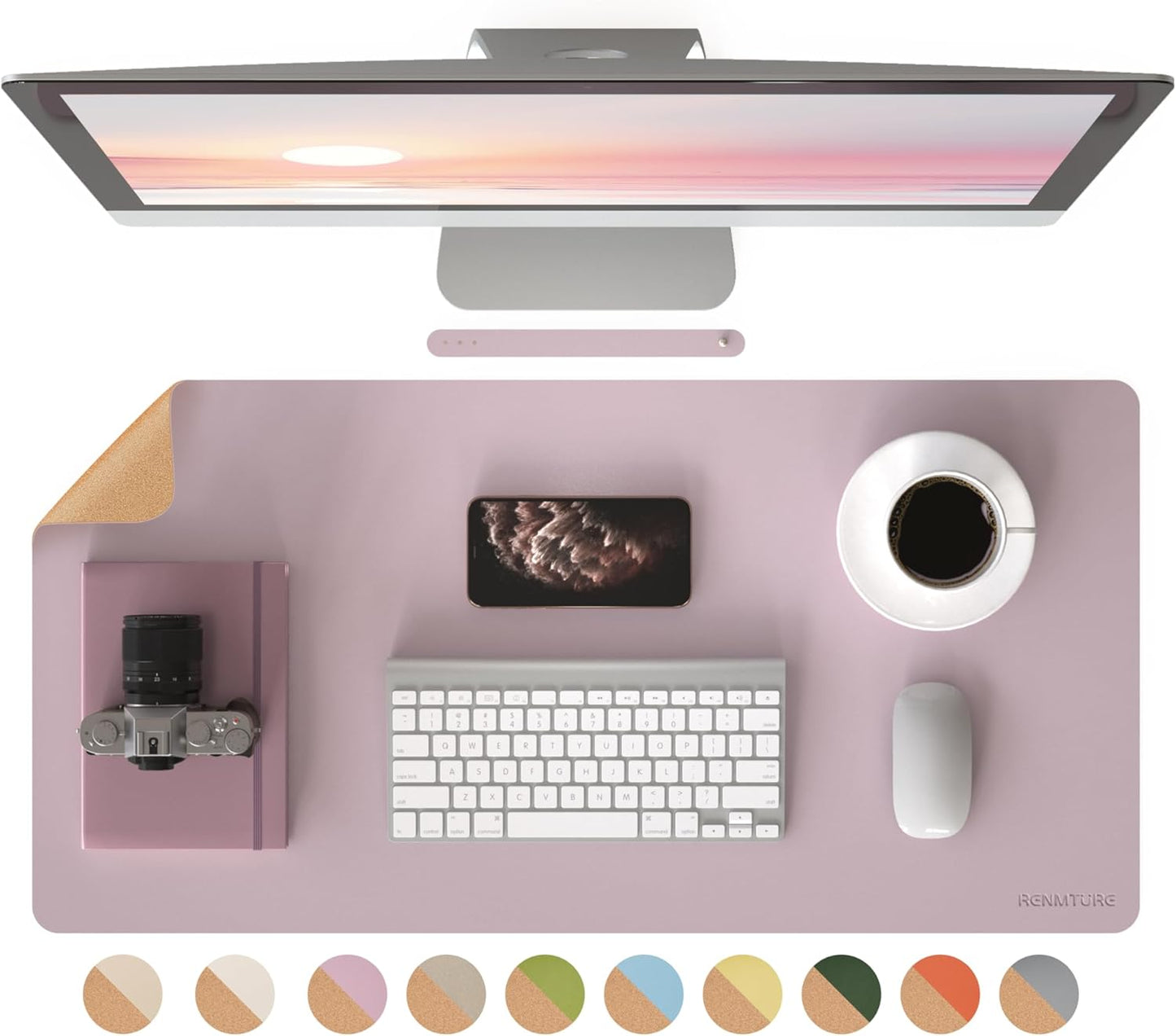 RENMTURE Desk Pad, Cork & PU Leather Desk Mat, Large Mouse pad, Non-Slip Desk Protector and Blotter, Waterproof Writing Pad, Desk Accessories and Organizers for Home Office (Light Yellow, 32"x16")