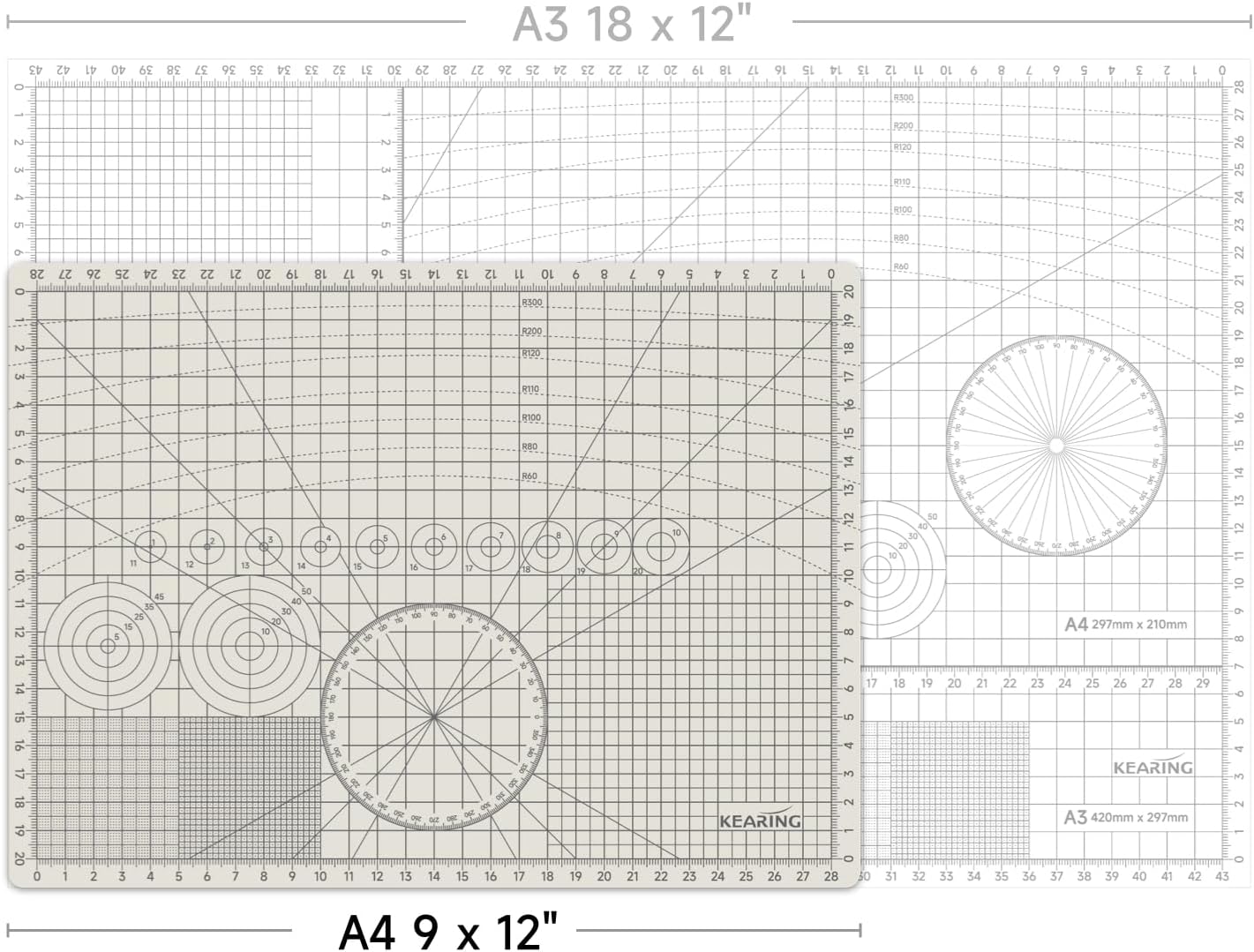 KEARING A3 Self Healing Cutting Mat 12x18 Inch, 3mm Thick Double-Sided High-Contrast Craft Mat with Grid, Premium 5-Ply PVC Construction, Beige and Charcoal Grey, for Sewing, Quilting, Crafts, 1 PCS