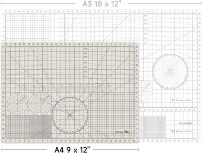 KEARING A3 Self Healing Cutting Mat 12x18 Inch, 3mm Thick Double-Sided High-Contrast Craft Mat with Grid, Premium 5-Ply PVC Construction, Beige and Charcoal Grey, for Sewing, Quilting, Crafts, 1 PCS