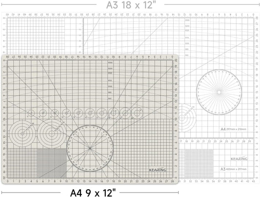 KEARING A3 Self Healing Cutting Mat 12x18 Inch, 3mm Thick Double-Sided High-Contrast Craft Mat with Grid, Premium 5-Ply PVC Construction, Beige and Charcoal Grey, for Sewing, Quilting, Crafts, 1 PCS
