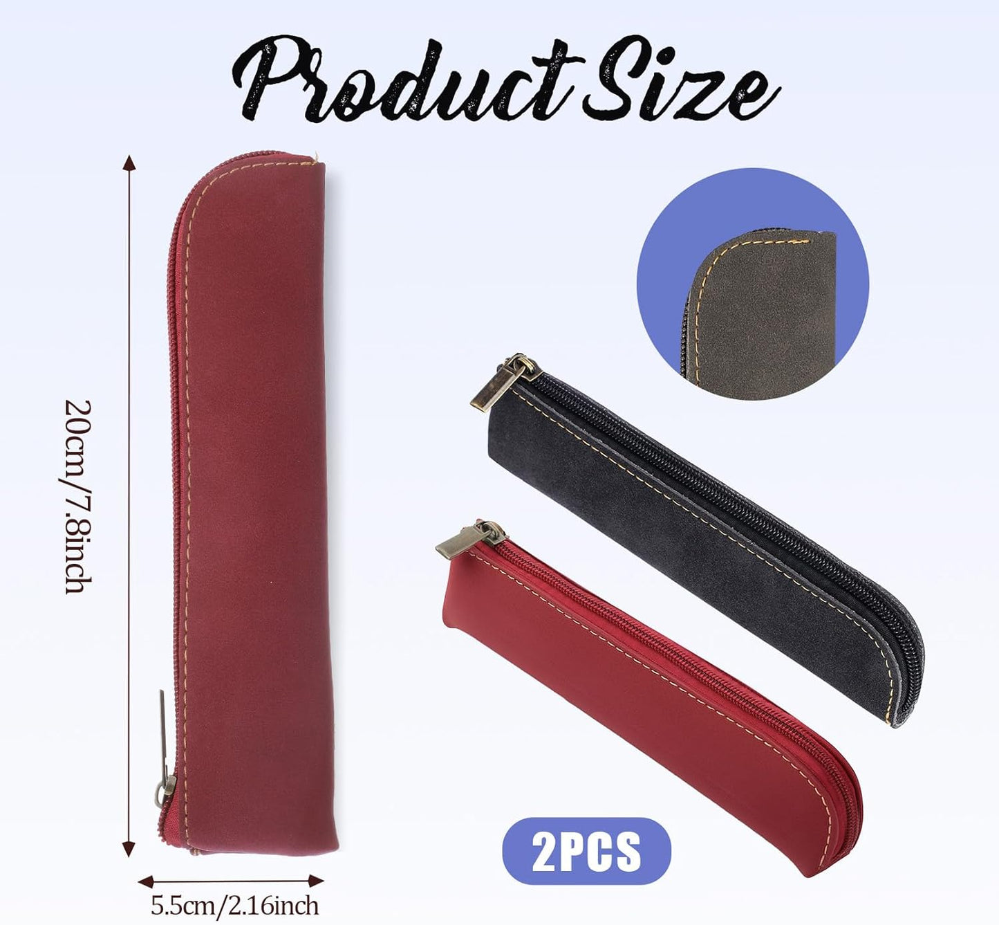 Psyqtsuary Leather Pencil Case, 2 Pcs Slim Small Pencil Pouch Portable Flat Pen Pouch with Zipper Simple Makeup Bag Lipstick Case for Women Men Home, Office, Travel Outdoor (Black, Claret)