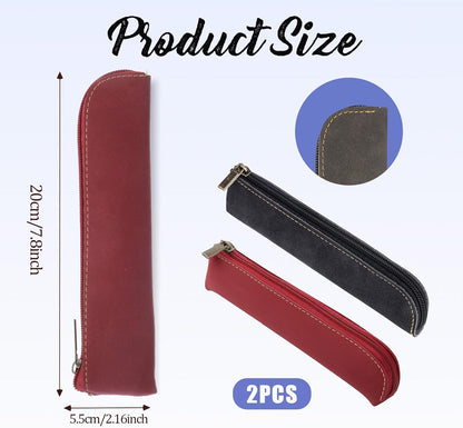 Psyqtsuary Leather Pencil Case, 2 Pcs Slim Small Pencil Pouch Portable Flat Pen Pouch with Zipper Simple Makeup Bag Lipstick Case for Women Men Home, Office, Travel Outdoor (Black, Claret)