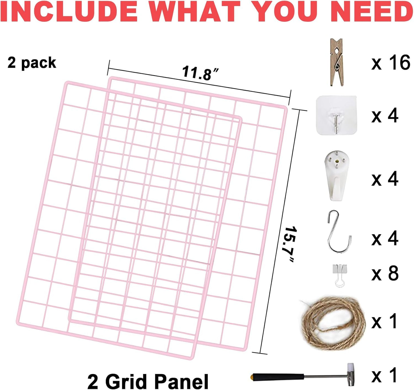 C&AHOME Photo Wall Display Set of 2, Grid Panel with Hooks, Clips, Hemp Cord, Hammer - 15.7" x 11.8", White UWWGM3402W