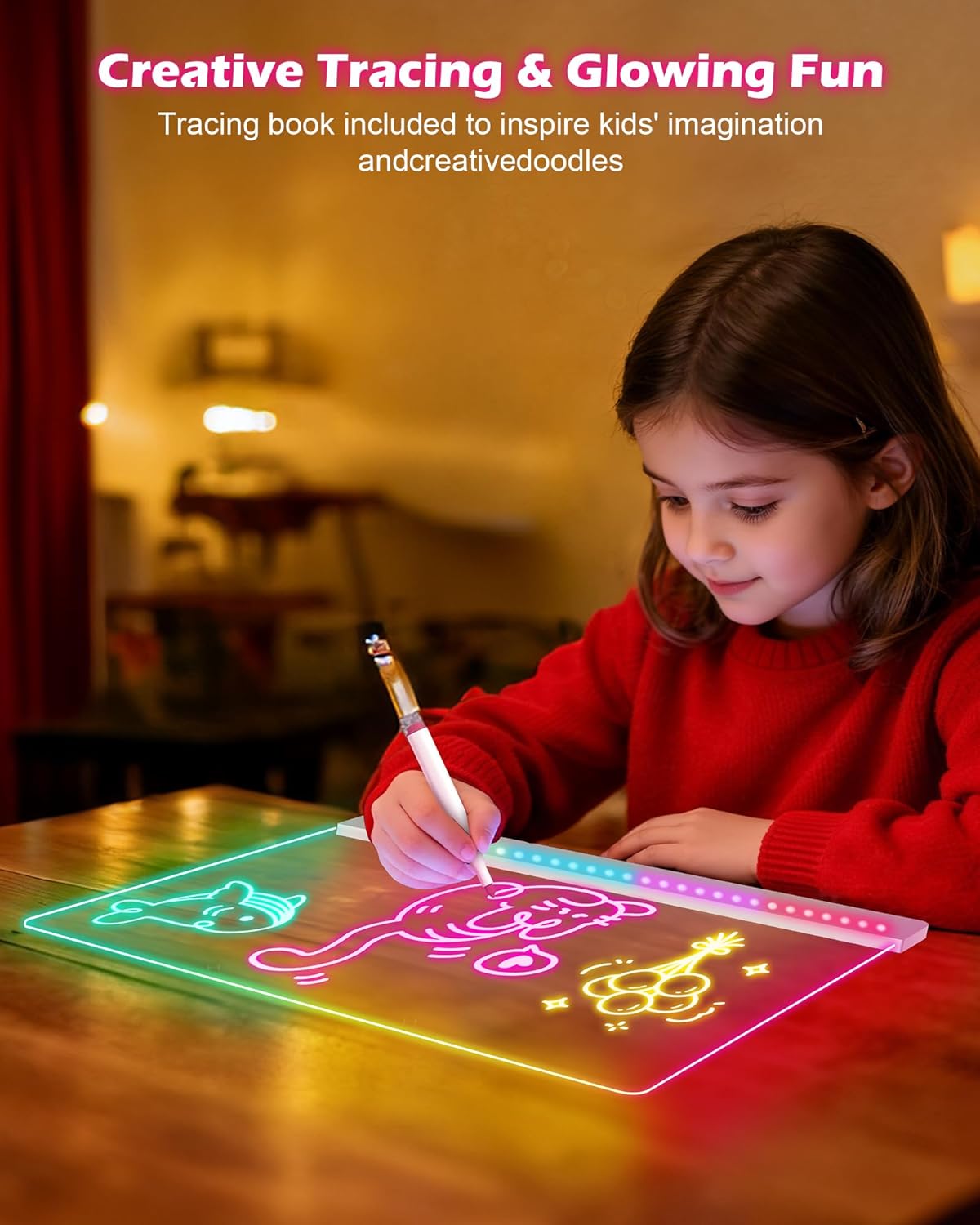 Rechargeable LED Drawing Board for Kids, 17-Inch Glow Doodle Drawing Pad with 7 Colors & 4 Light Modes, Neon Light Up Acrylic Dry Erase Note Board with Stand, Hanging Chain, 12 Markers, 2 Pack