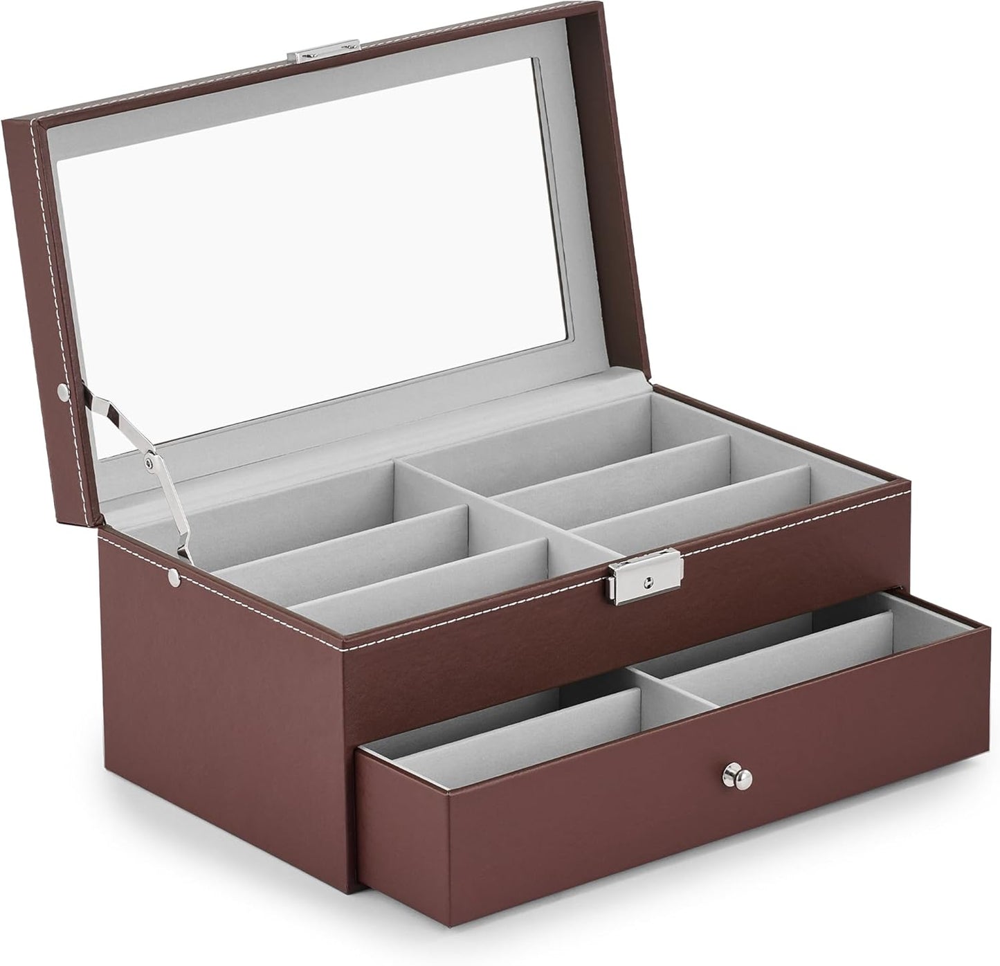 CO-Z Sunglasses Organizer with 12 Slots, Multiple Eyeglasses Eyewear Display Case for Women Men, 2 Story Leather Multi Sunglasses Jewelry Collection Holder with Drawer