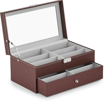 CO-Z Sunglasses Organizer with 12 Slots, Multiple Eyeglasses Eyewear Display Case for Women Men, 2 Story Leather Multi Sunglasses Jewelry Collection Holder with Drawer