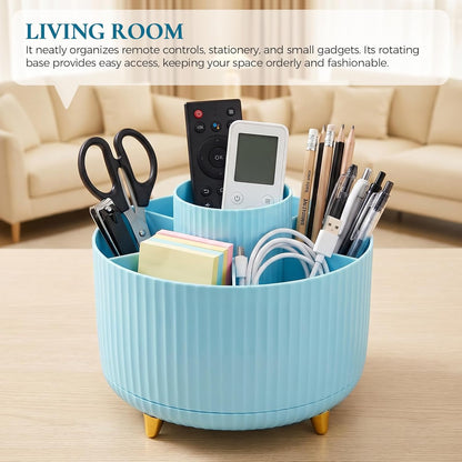 KONVINIT Pencil Pen Holder for Desk, 5 Slots 360 - Degree Rotating Desktop Organizer, Cute Desk Organizers and Accessories for School, Home, Office and Art Supply, Black