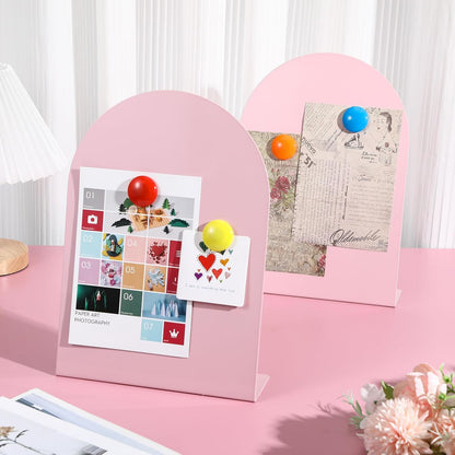 Shimeyao 2 Pcs Pink Magnetic Bulletin Board for Tabletops with 8 Magnets 10x7 Inch Memo Display Easel Stand for Home Office School Kitchen Table Supplies (Arched)