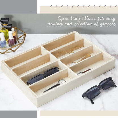 Amylove 4 Pcs Gray Sunglass Organizer Trays 4 Grids Velvet Glasses Holder Jewelry Display Organizer Eyeglasses Storage Box Drawer