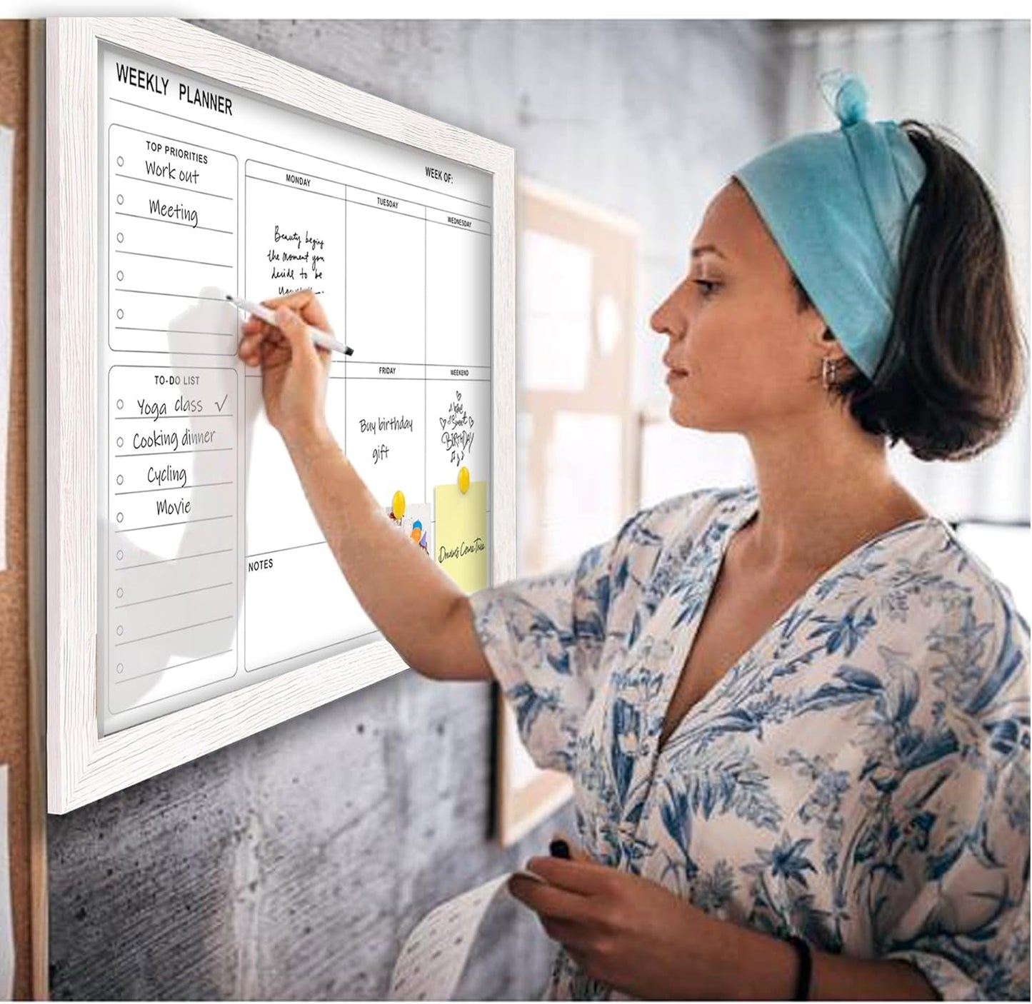 White Board Weekly Calendar Dry Erase Planner for Wall-16"X12",White Solid Wood Frame,Minimal/Modern Design, Magnetic Whiteboard Planner for to Do List, Memo, School, Home, Office, Kitchen