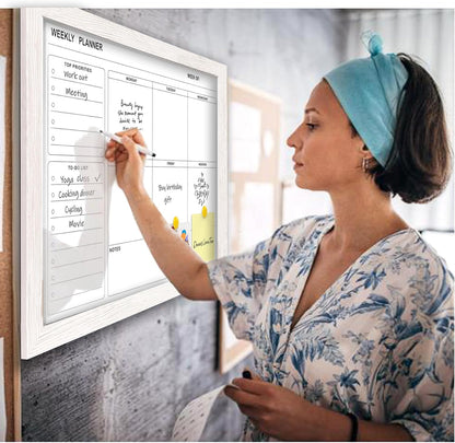 White Board Weekly Calendar Dry Erase Planner for Wall-16"X12",White Solid Wood Frame,Minimal/Modern Design, Magnetic Whiteboard Planner for to Do List, Memo, School, Home, Office, Kitchen