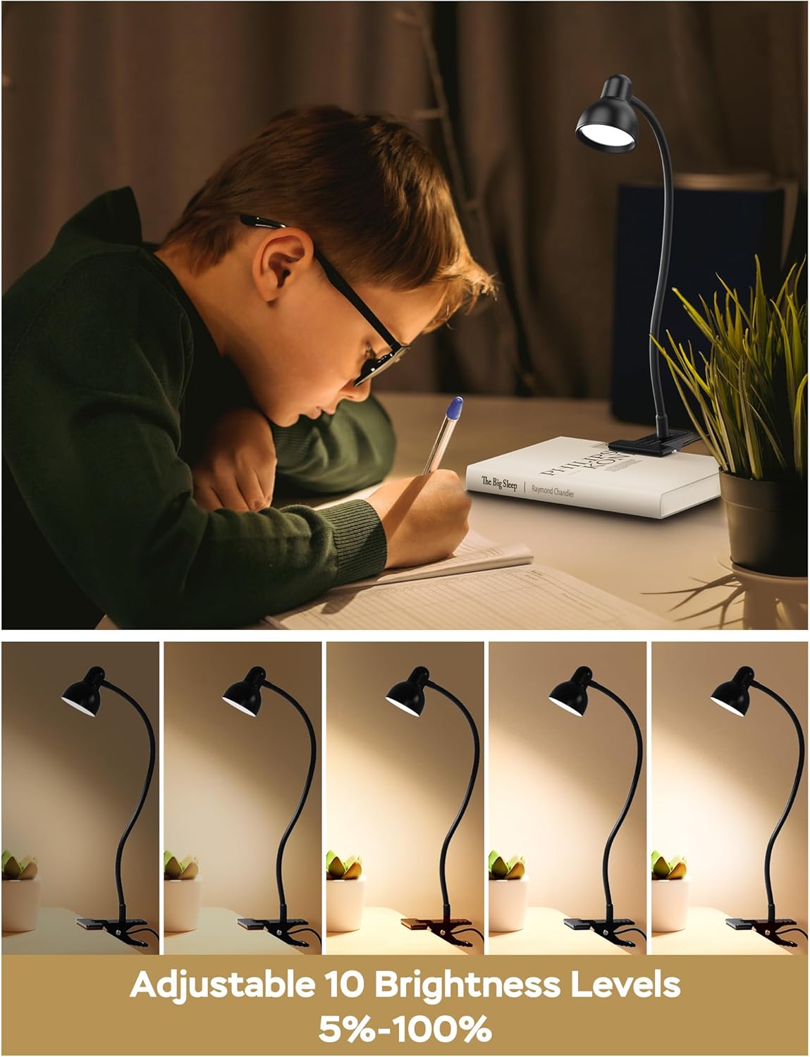LiFMIRA Clip-on Reading Light - 3 Color Modes, 10 Dimmable Brightness, Eye Care Clamp Desk Lamp with Flexible Gooseneck for Reading in Bed, Desk, Headboard, Computer