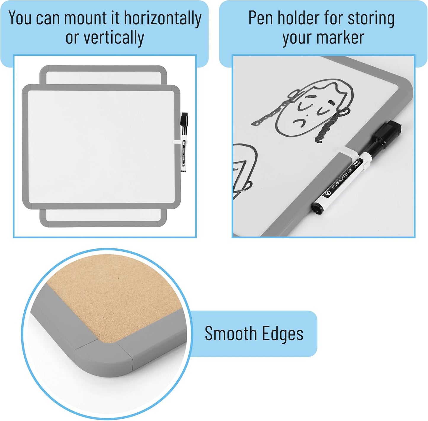Mr. Pen- Dry Erase Board, 14” x 11” with a Black Dry Erase Marker, White Frame, Small Mini White Board for Students, Fridge, Wall, Locker, Includes Double Sided Tapes