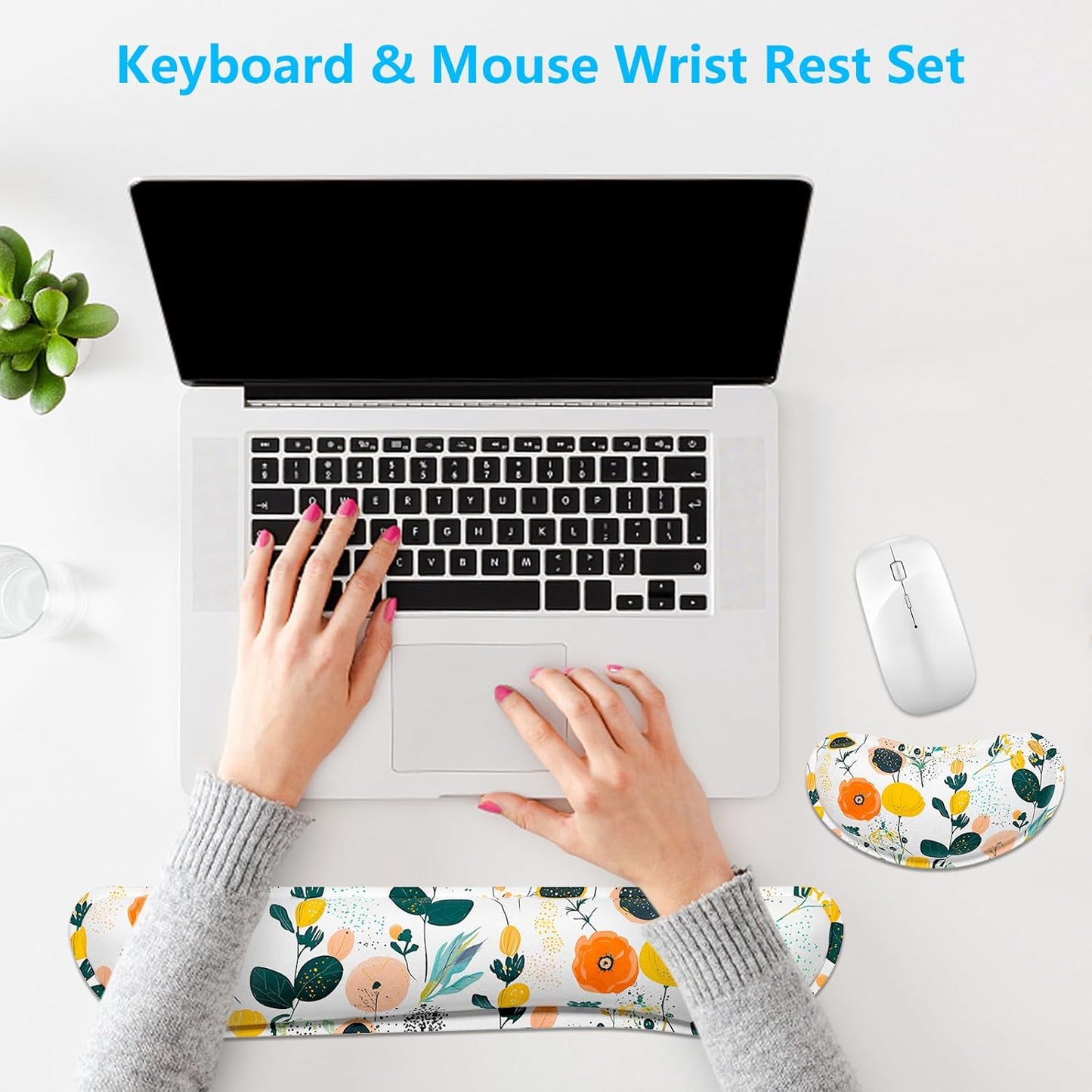 Dapesuom Enlarge Keyboard Wrist Rest, Memory Foam Wrist Cushion for Desk Mat Support, Cute Pain Relief Keyboard Mouse Pad Rests Set with Non-Slip Base for Gaming Laptop Office Computer, Elegant Flower