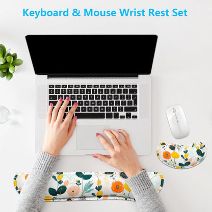Dapesuom Enlarge Keyboard Wrist Rest, Memory Foam Wrist Cushion for Desk Mat Support, Cute Pain Relief Keyboard Mouse Pad Rests Set with Non-Slip Base for Gaming Laptop Office Computer, Elegant Flower