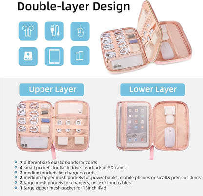 Electronics Organizer Travel Case, Charger Bag Cord Organizer Travel, Compact Tech Pouch Cable Organizer Bag for Charger, Cords, Phone, Headphones, Flash Drive, SD Card (Pink, Small-Double Layer)