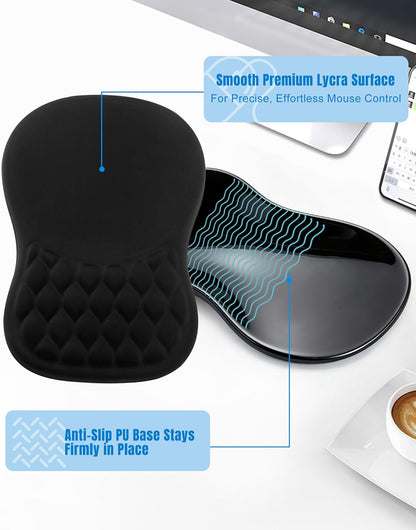 Ergonomic Mouse Pad with Wrist Rest, Slope Design Memory Foam Support, Smooth Lycra Surface, Non-Slip PU Base, Comfortable Mouse Mat for Office, Home, Computer Desk (Black)