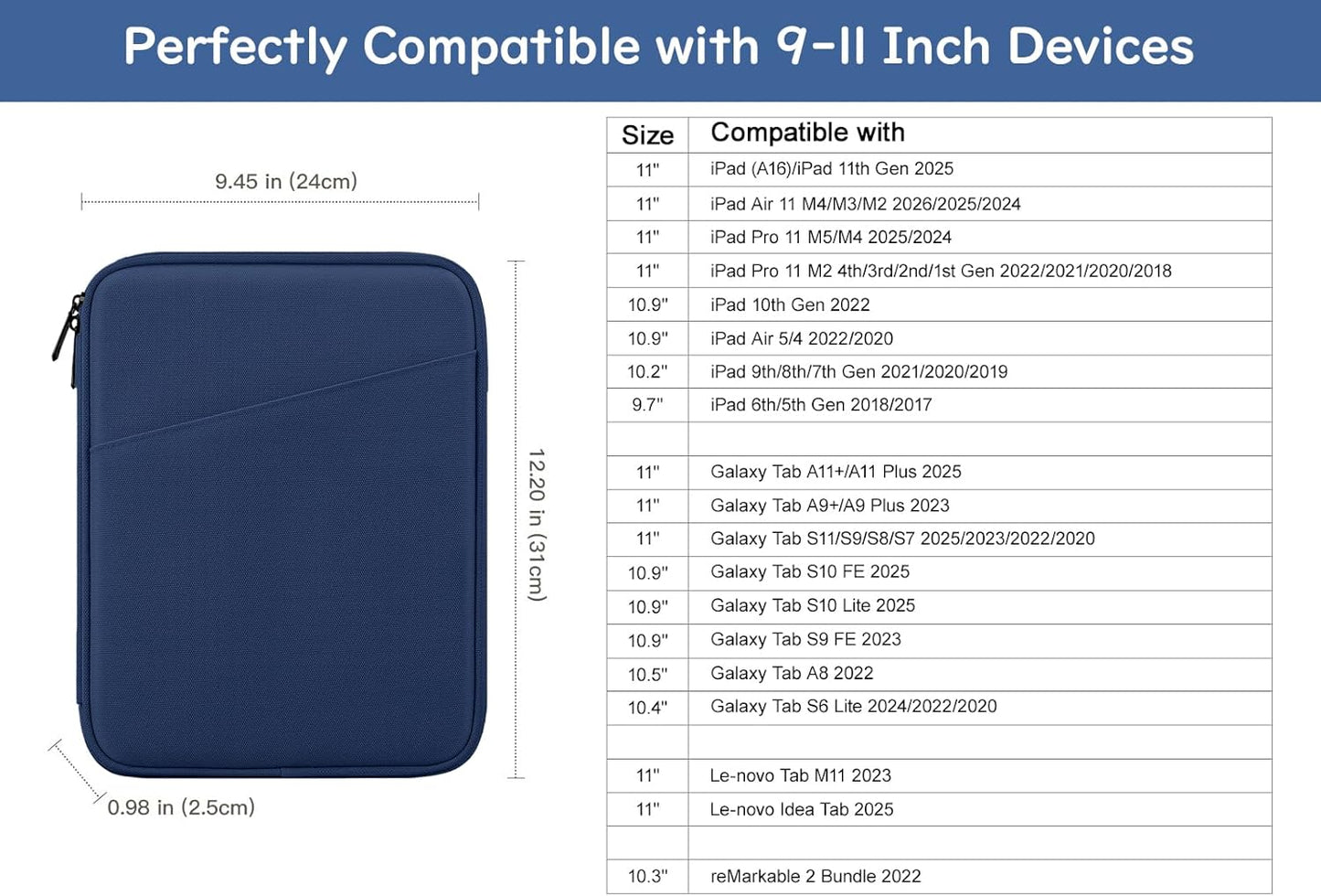 Dadanism 9-11" Tablet Sleeve Bag Carrying Case for iPad (A16) 11th Gen 11", iPad 10th Gen 10.9" Air 5/4, iPad Air M4/Pro 11", iPad 9/8/7th, Galaxy Tab A11+ Plus 11", Remarkable 2 10.3", Black