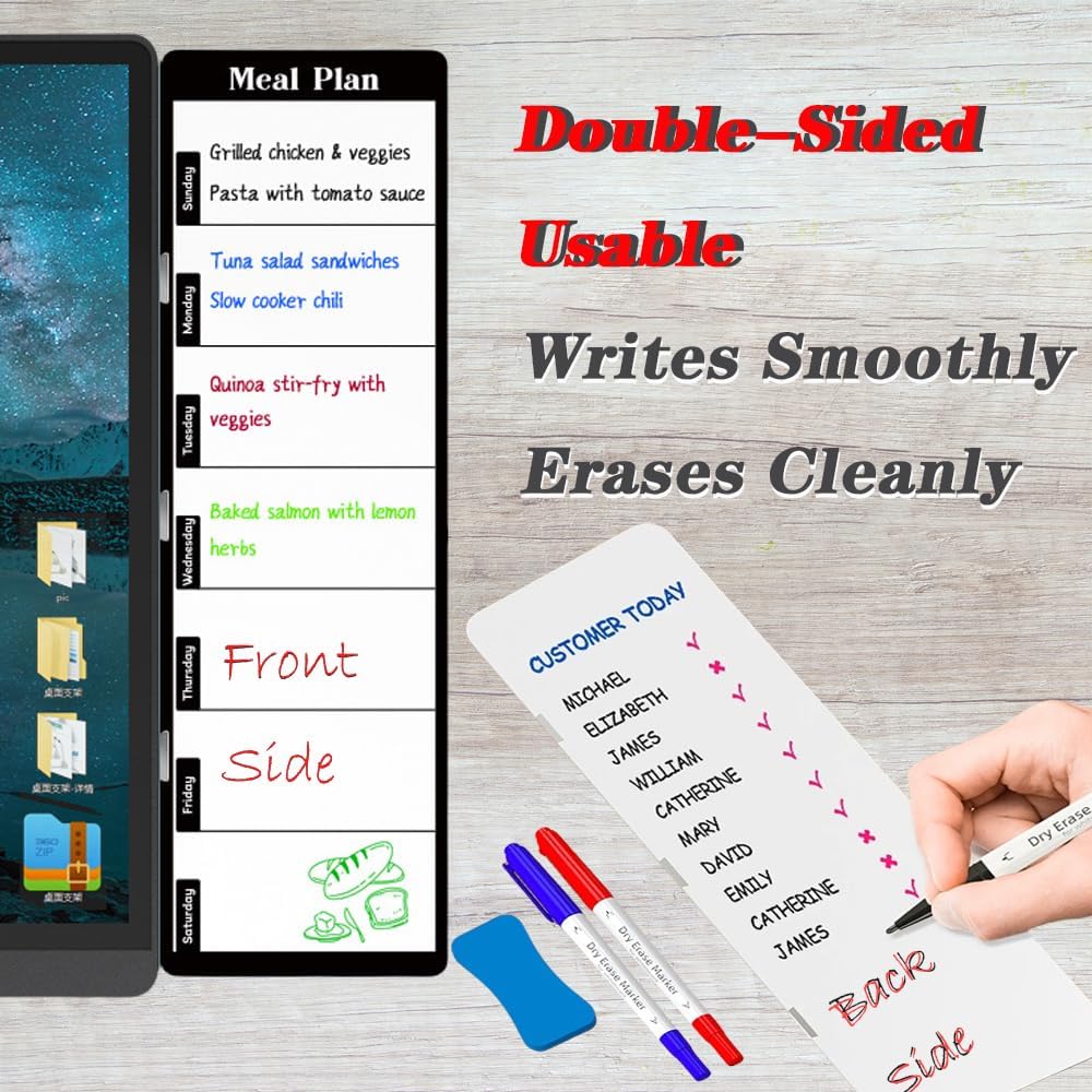 Double-Sided Magnetic Monitor Memo Board, Practical Dry Erase Weekly Planner & Meal Planner for Computer Screen Side, Whiteboard to-Do List with Markers & Eraser for Office Desk