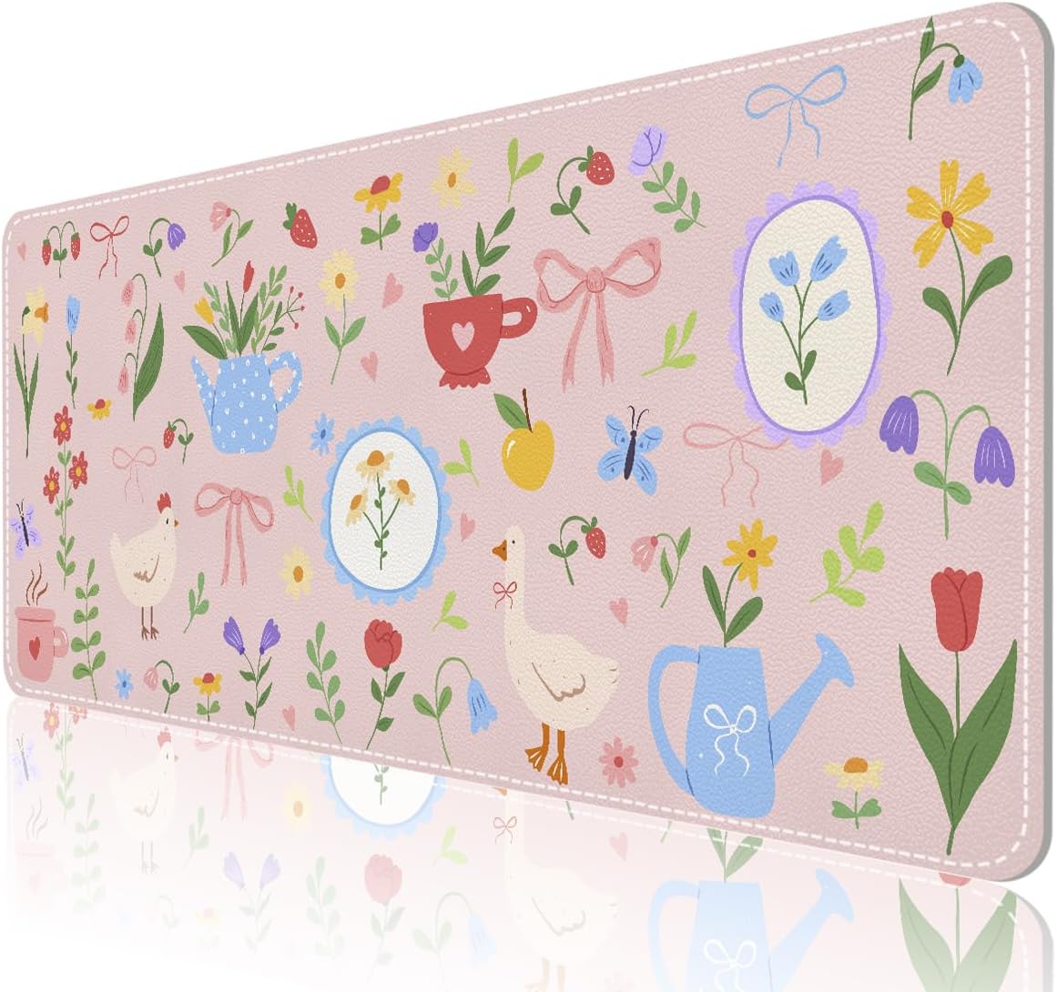 Pink Desk Mat, Leather Desk Pad Blotter Protector, XXL Large Mouse Pad,Computer Laptop Mouse Pads for Desktop,Waterproof Writing Anti-Slip Mousepad for Office and Home I Colorful Stickers