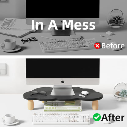 AFOOYO Monitor Stand Riser,Cloud-Shaped Sturdy Wood 16.5In Computer Monitor Riser Wirh Drawer, Multi-Purpose Desktop Organizer Riser for Computer,Laptop,Printer,TV,White