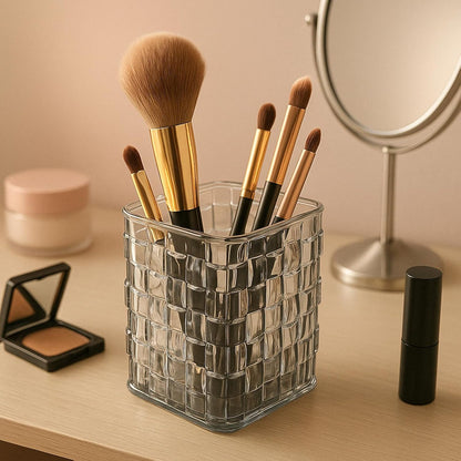 Qomamount Acrylic Pen Holder,Clear Makeup Brush Holder with Woven Texture,Transparent Stylish Pencil Holder for Desk,Pen Cup Organizer Caddy for Office,Home,or Cosmetic(Clear Black)
