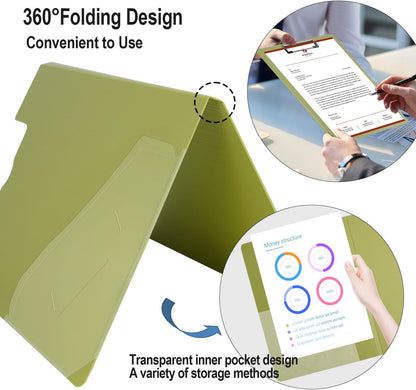 Clipboard Folder, A4 Foldable Clipboards with Pocket, File Cover Office Folder Clipboard, 360 Degree Foldable Storage Clipboards for Office, School or Medical Field, Green