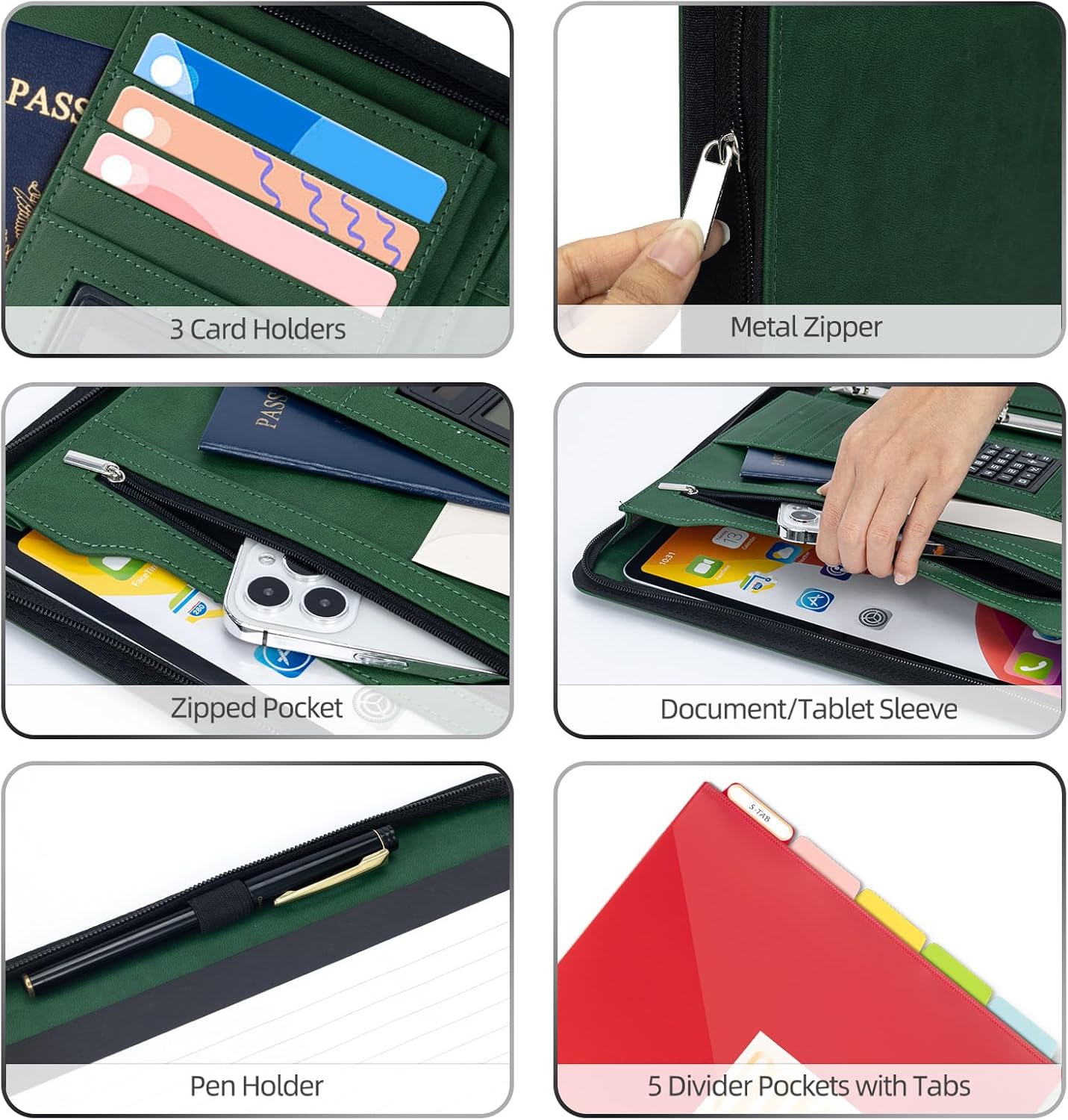 Ospelelf Zippered Padfolio Portfolio Folder, Leather Clipboard with Storage, 3 Ring Binder 1 Inch,12.1” Tablet Sleeve, 5 Dividers with Pocket, Refillable Notepad, Card Slot (Classic Black)