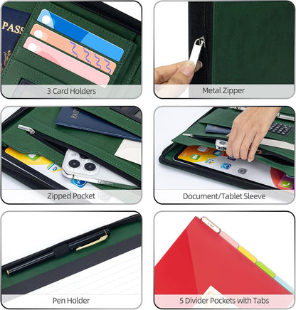 Ospelelf Zippered Padfolio Portfolio Folder, Leather Clipboard with Storage, 3 Ring Binder 1 Inch,12.1” Tablet Sleeve, 5 Dividers with Pocket, Refillable Notepad, Card Slot (Classic Black)