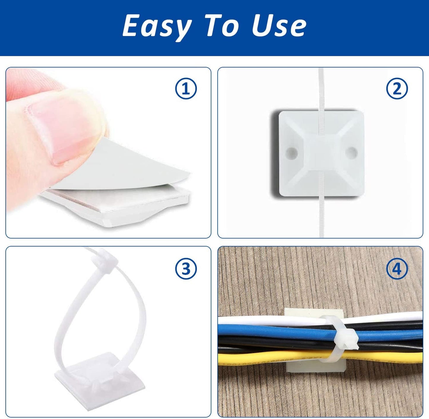 Strong Back-Glue Self Adhesive Cable Zip Tie Mounts Kit - 100 Set Cable Management Clips with 6" Zip Ties, Wire Holders - Outdoor Sticky Wire Organizer Clips-Black