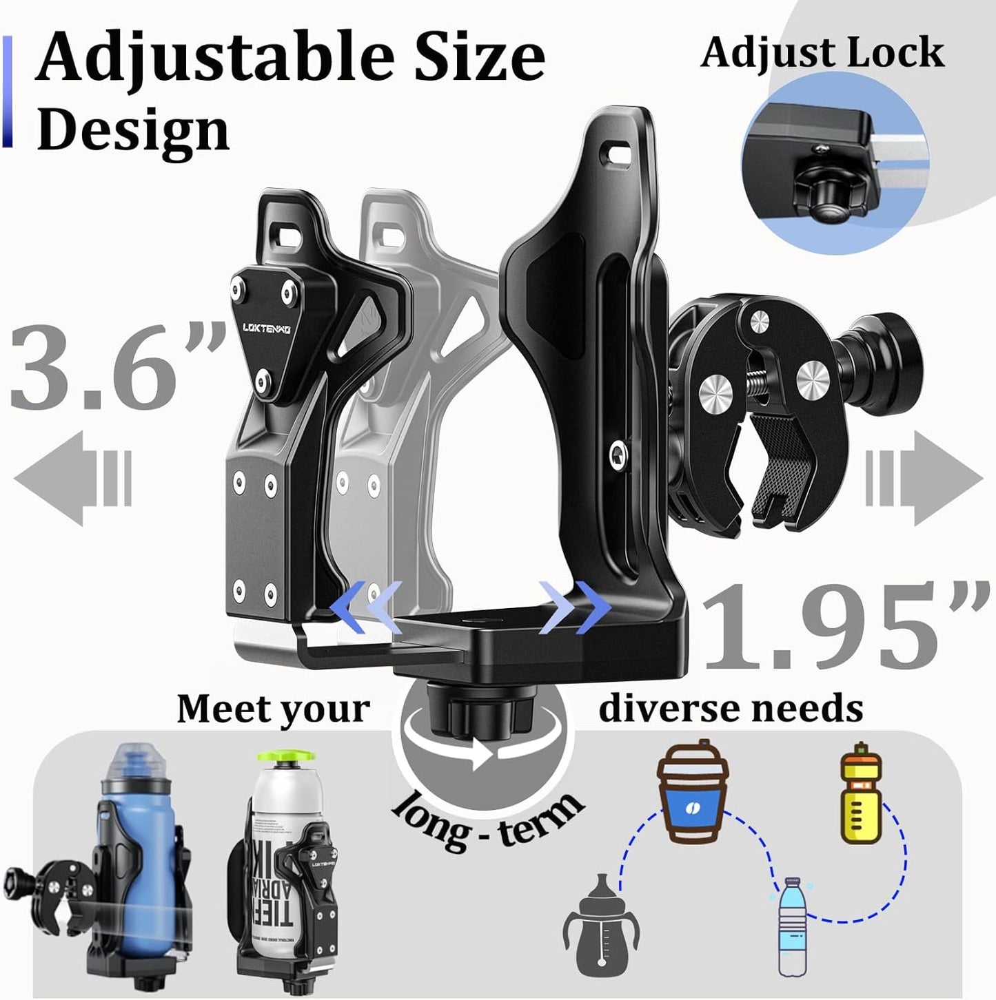 LOKTENWO Anti-Theft Motorcycle Cup Holder, Extra Large Adjustable Size Bike Water Bottle Holder for 1.95-3.6" Diameter Bottles, Bicycle Drink Cage for Handlebar & Frame Fit Scooter, Stroller, ATV