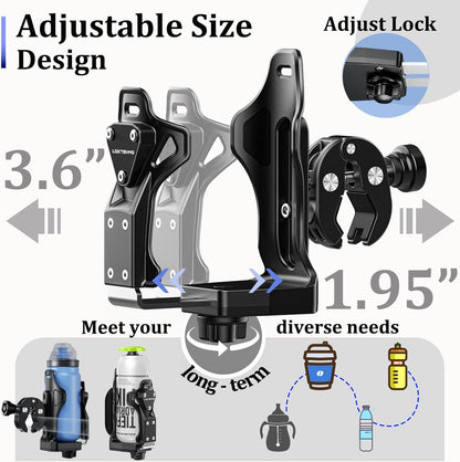 LOKTENWO Anti-Theft Motorcycle Cup Holder, Extra Large Adjustable Size Bike Water Bottle Holder for 1.95-3.6" Diameter Bottles, Bicycle Drink Cage for Handlebar & Frame Fit Scooter, Stroller, ATV