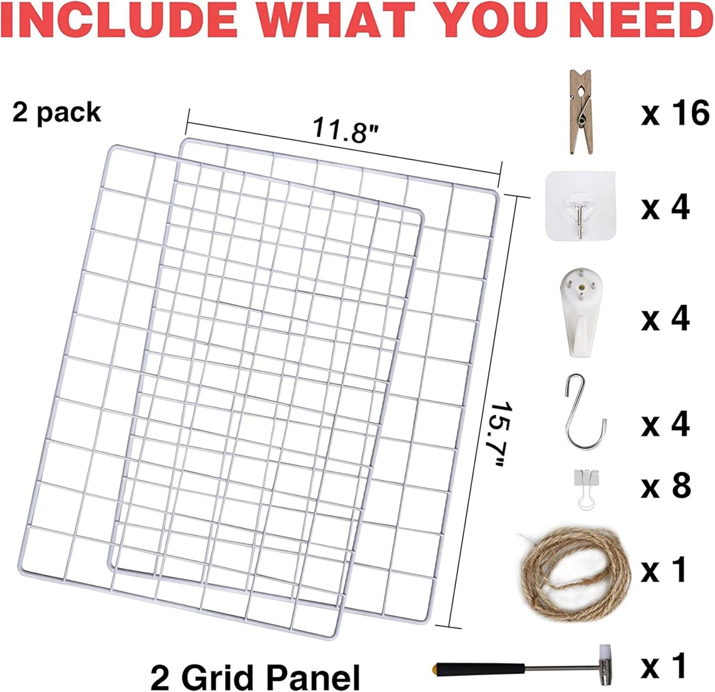 C&AHOME Photo Wall Display Set of 2, Grid Panel with Hooks, Clips, Hemp Cord, Hammer - 15.7" x 11.8", White UWWGM3402W