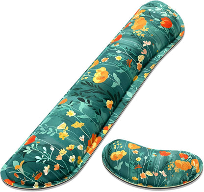 Dapesuom Enlarge Keyboard Wrist Rest, Memory Foam Wrist Cushion for Desk Mat Support, Cute Pain Relief Keyboard Mouse Pad Rests Set with Non-Slip Base for Gaming Laptop Office Computer, Elegant Flower