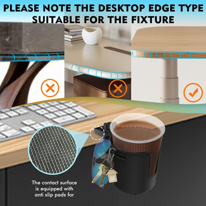 Desk Cup Holder with Spill-Proof Cup Design, Clip on Cup Holders for Desk, Table, Porch Swing, Patio Chair , Fits Maximum Diameter of 3/3.38 inches Bottles. (Black, Large)