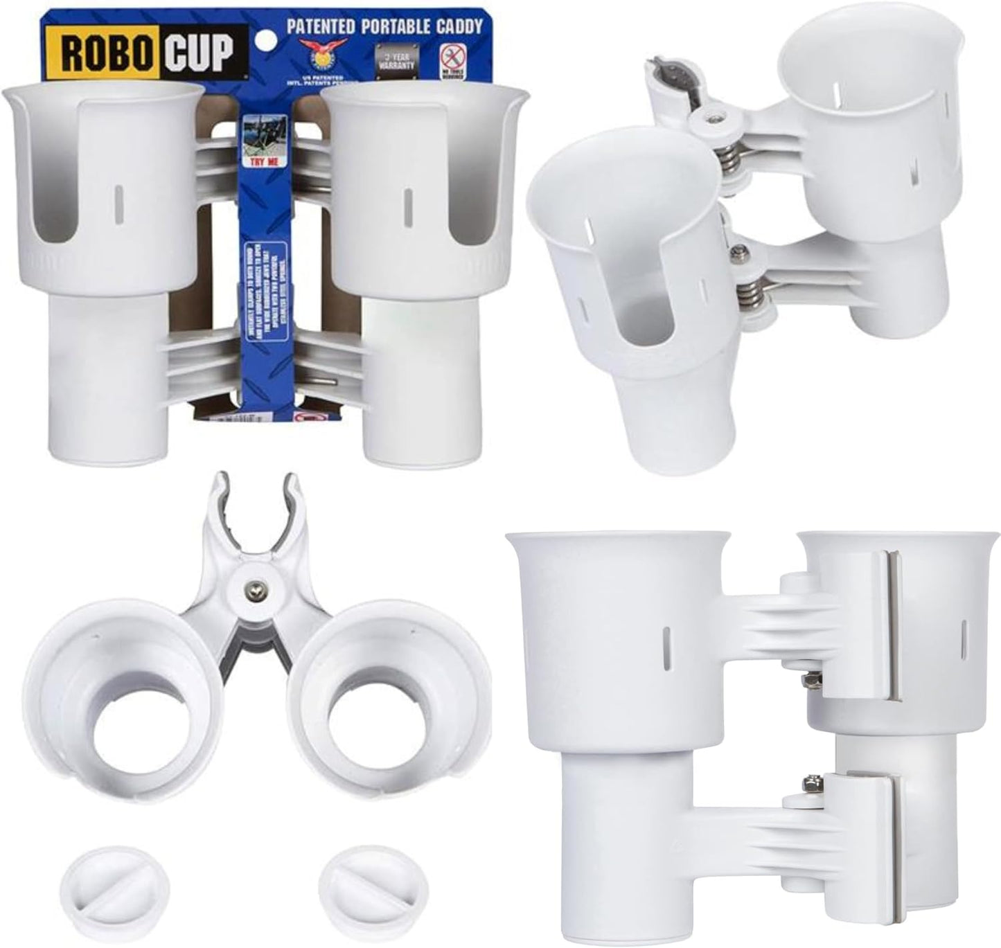 ROBOCUP, (White), Patented Clamp On Boat Cup Holder |Multifunction Dual Drink Caddy for Fishing Poles, Tools, Net, Gaff |Portable Storage for Boating, Beach, Umbrellas, Golf Carts, Strollers